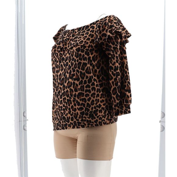 Colleen Lopez Ruffle Sweatshirt Cutout Neutral Leopard 770566E - Picture 2 of 8